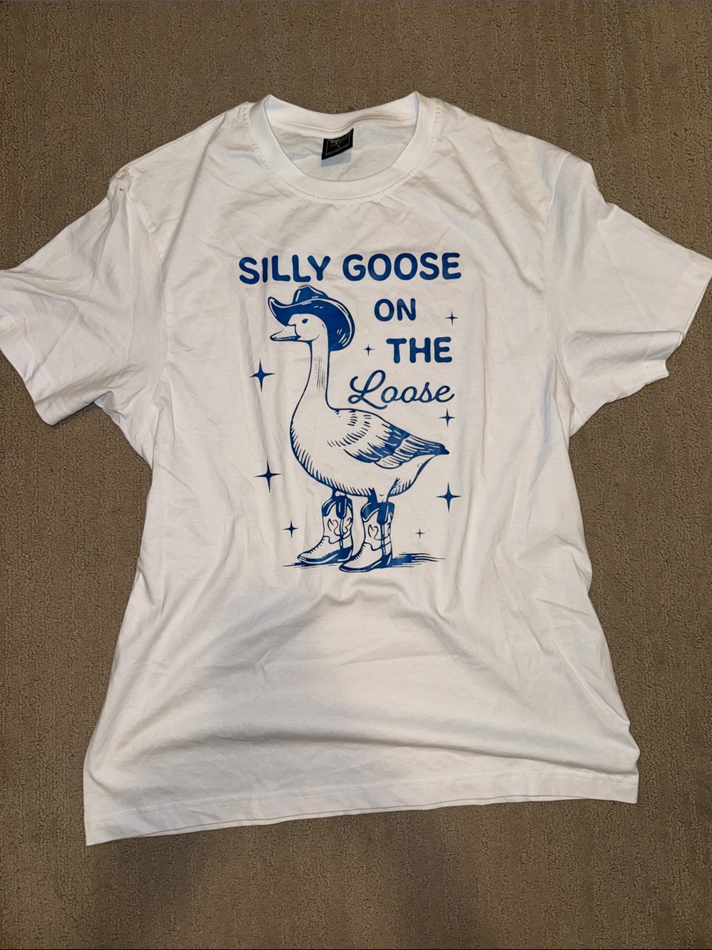 🆕 White Tee with Blue 'Silly Goose On The Loose' Graphic. Large. NWOT!🪿🪿